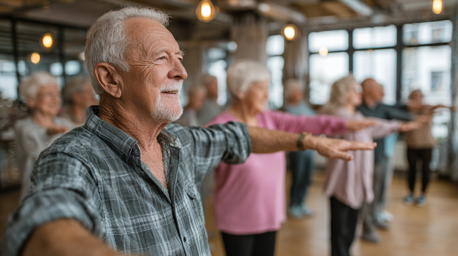Adulți activi practicând exerciții de wellness în natură